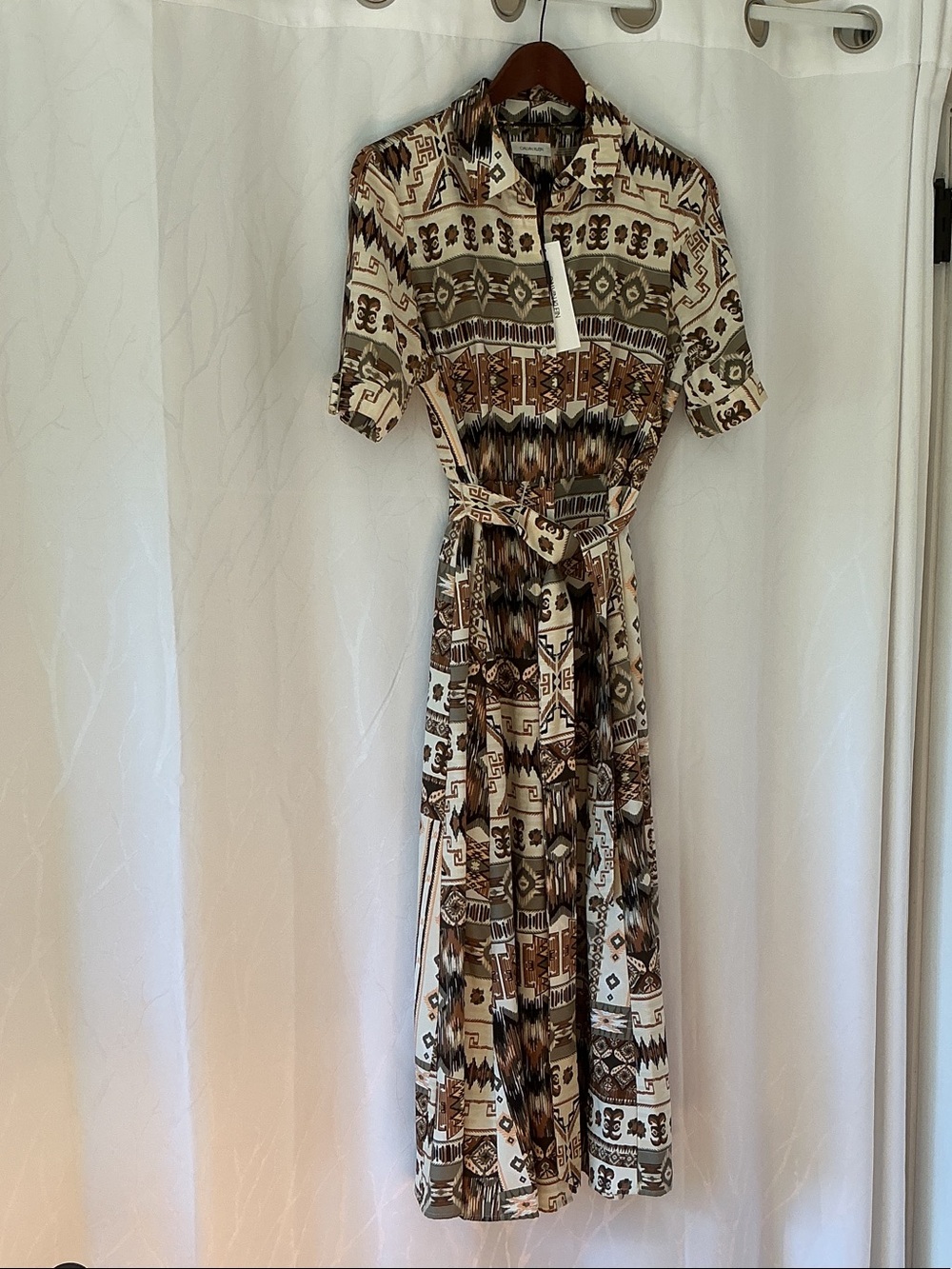 CALVIN KLEIN Size 6 Westerns Aztec Tie Button Up Belted Maxi Shirt Dress 👗 NWT